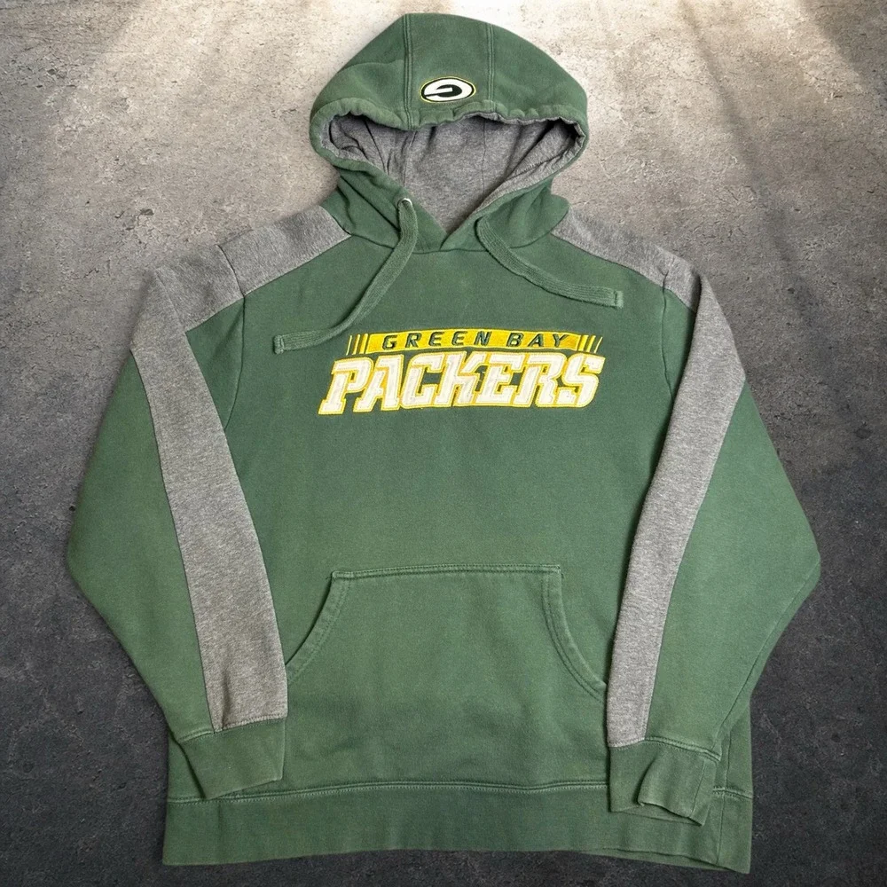 NFL Green Bay Packers Hoodie Green Grey Colorblock Sweatshirt Size Large Y2K